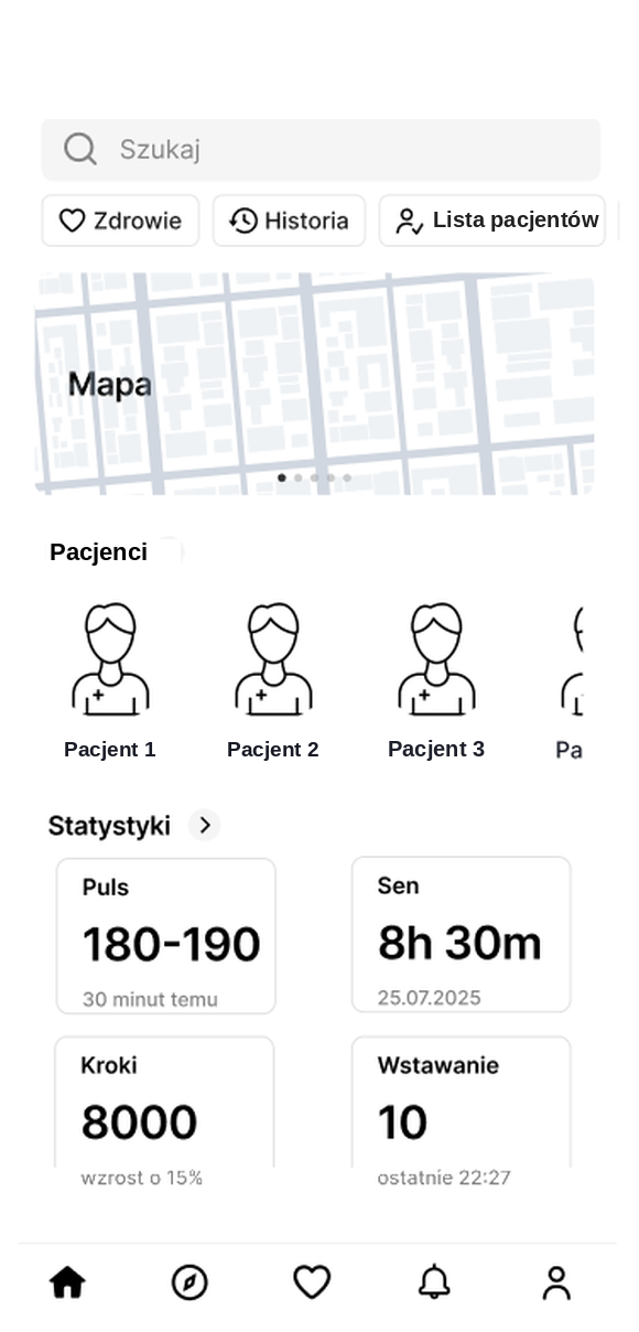 Aplikacja mobilna Elder Watch — mapa z lokalizacją podopiecznego oraz statystyki zdrowia: puls, sen, kroki i aktywność